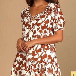 NWT lulus White Brown Floral Print Babydoll Dress XL